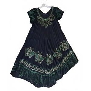 Emerald green/Black bohemian Boho Butterfly dress embroidery Gypsy Flowy Artsy